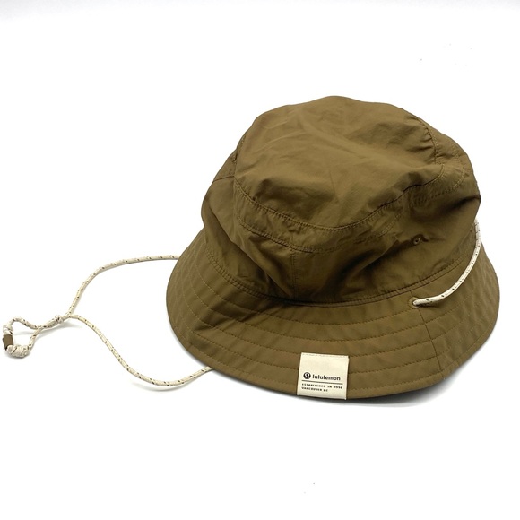 LULULEMON OLIVE ARMY GREEN Patch Logo Bucket Hat Chin Strap Cord Unisex M / L - Picture 1 of 8